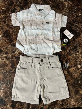 Volcom Light Blue & Gray Striped Button-Up Shirt with Gray Shorts